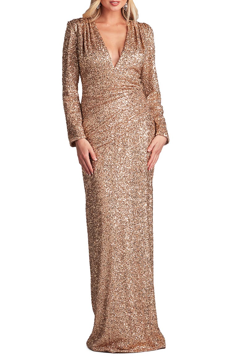 Sequin Ruched Long Sleeve Gown, Main, color, COPPER