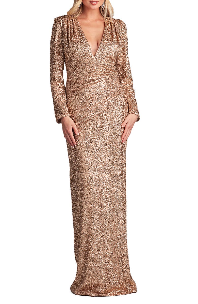 SHO by Tadashi Shoji Sequin Ruched Long Sleeve Gown, Main, color, Copper