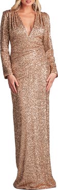 SHO by Tadashi Shoji Sequin Ruched Long Sleeve Gown