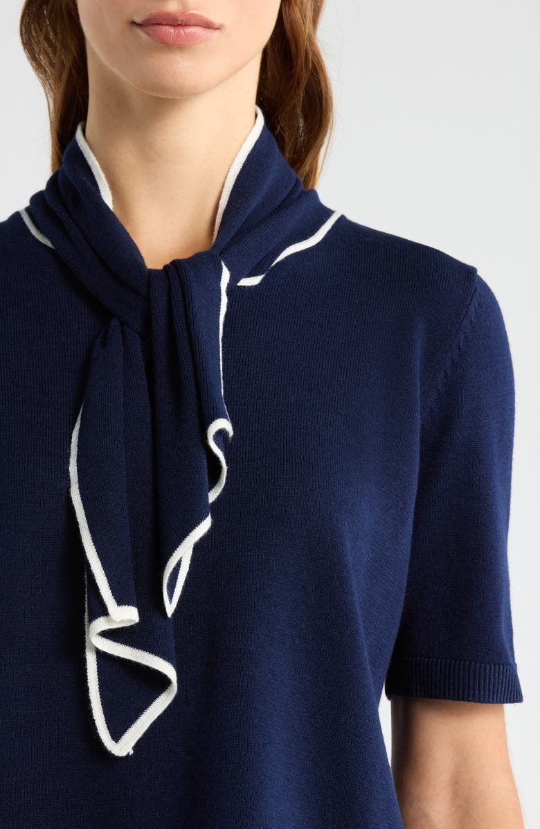CeCe Tipped Tie Neck Sweater, Alternate, color, Classic Navy