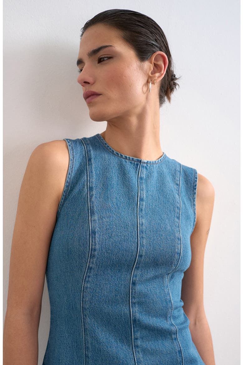 Denim Fit & Flare Dress, Alternate, color, MBLUE