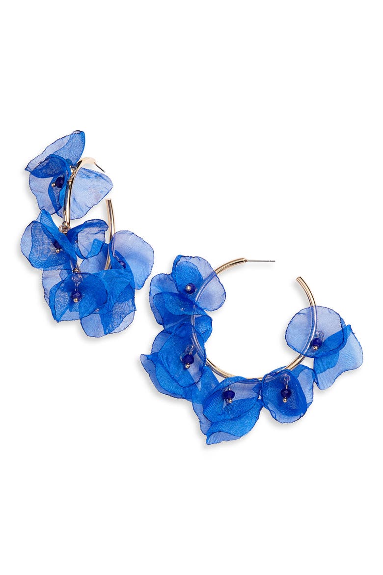 Chiffon Petal Hoop Earrings, Main, color, GOLD/ BLUE
