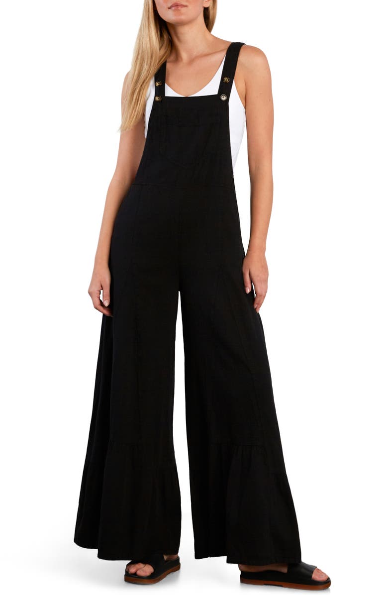 Billy T Butterfly Ruffle Leg Cotton Blend Overalls, Main, color, Caviar