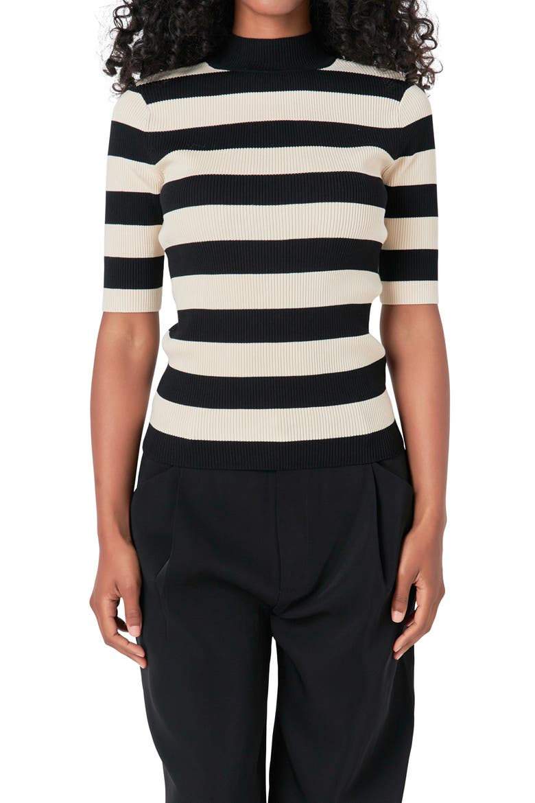 Stripe Short Sleeve Mock Neck Sweater, Alternate, color, BLACK/ NUDE