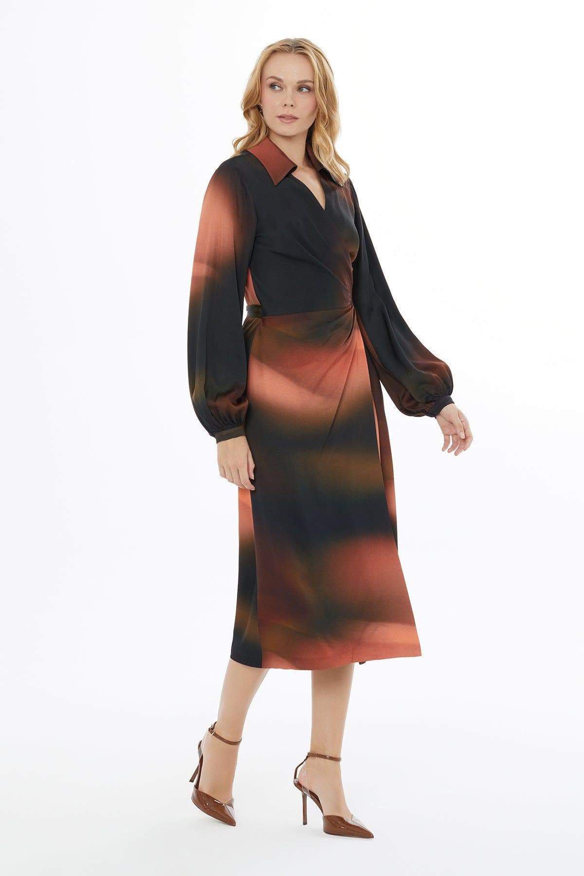 V-Neck Wrap Buttoned Long Sleeve Midi Dress - image 2