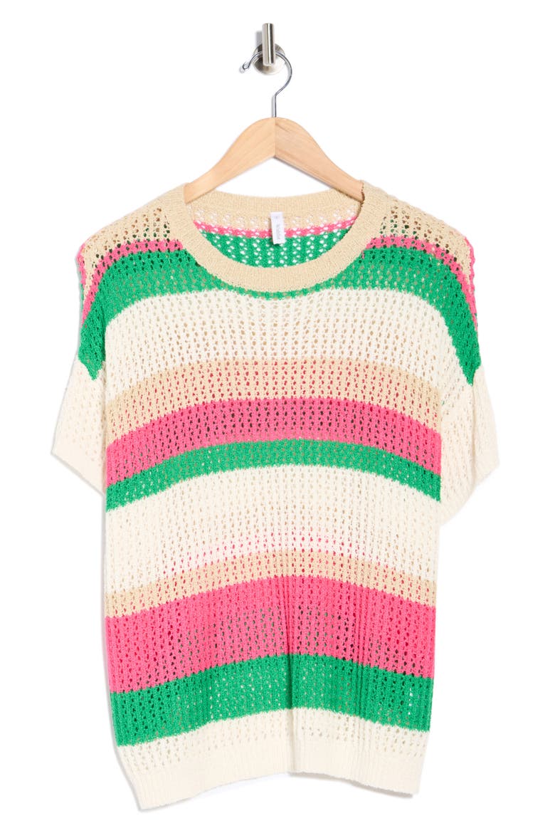 Multicolor Stripe Short Sleeve Sweater, Alternate, color, IVORY