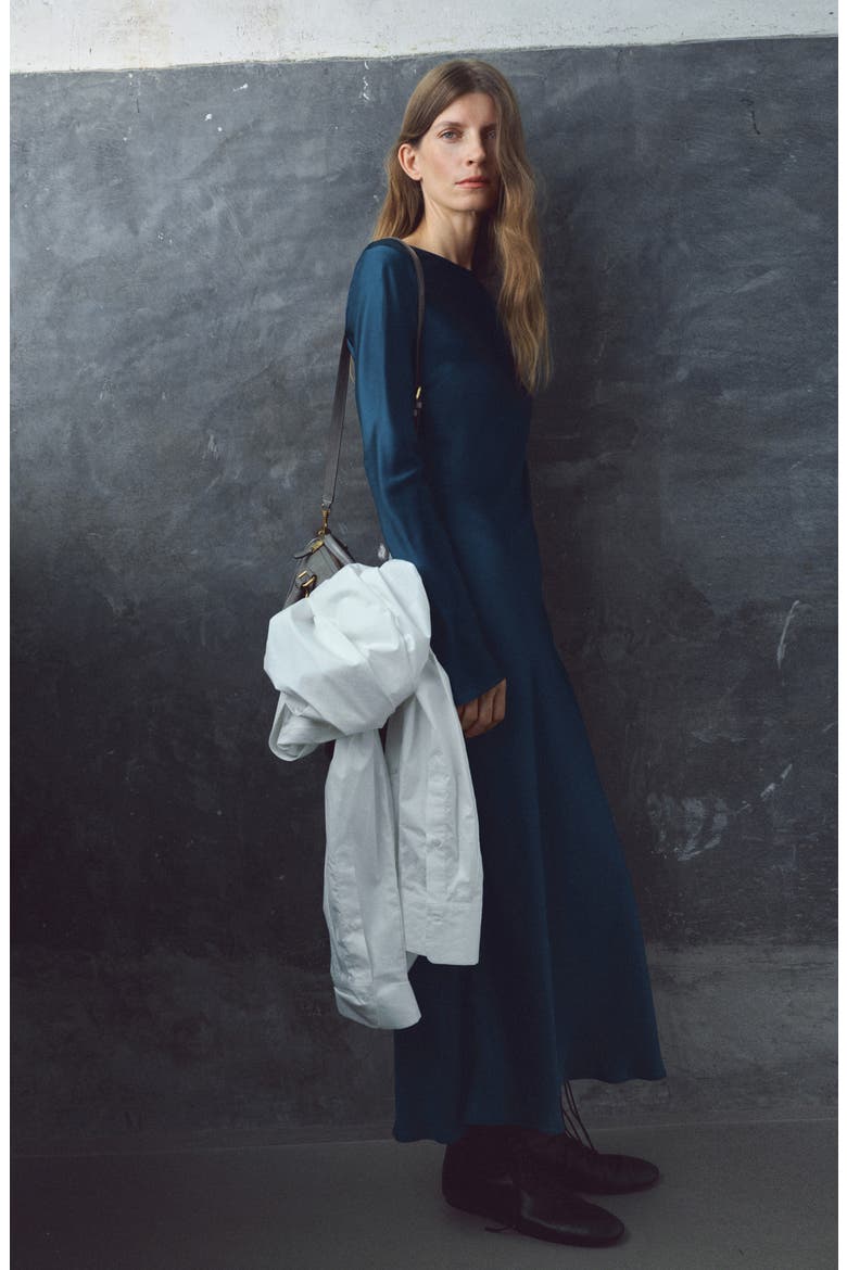 Long Sleeve Satin Midi Dress, Alternate, color, NAVY