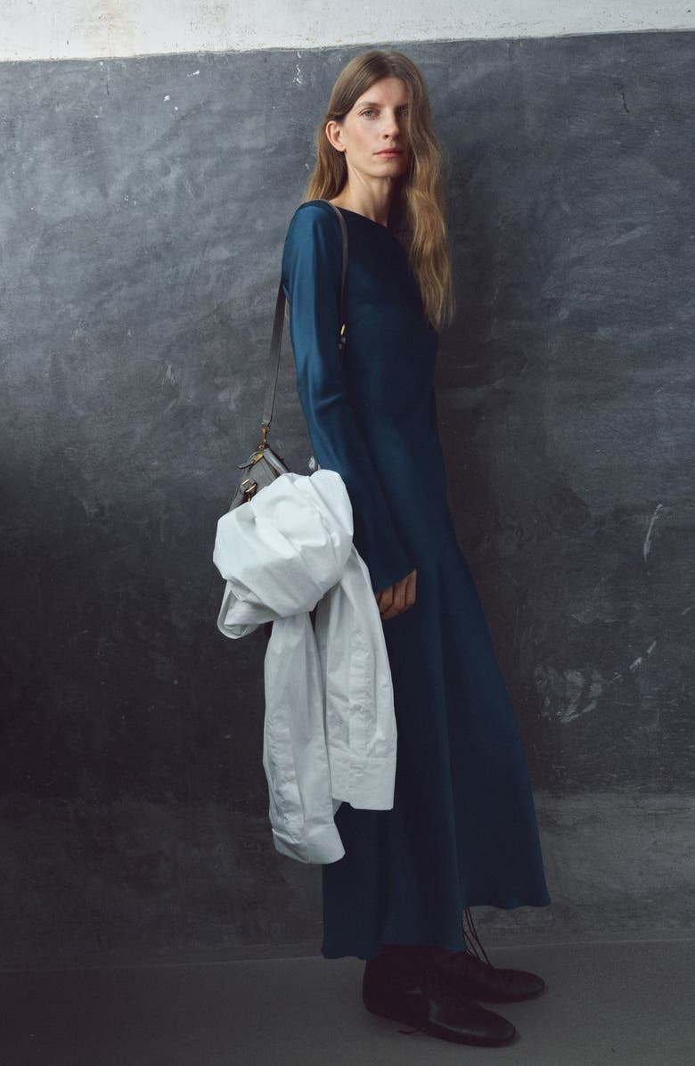 MANGO Long Sleeve Satin Midi Dress, Main, color, Navy