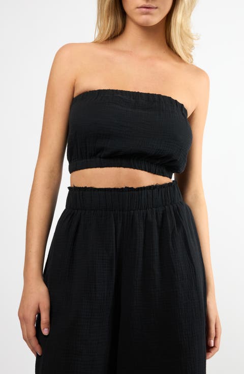 Crinkle Strapless Cotton Gauze Crop Top