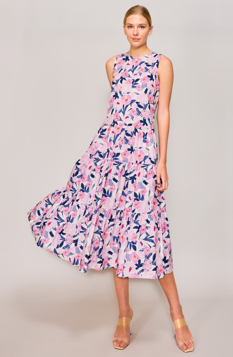 MELLODAY Floral Sleeveless Tiered Poplin Midi Dress, Alternate, color,