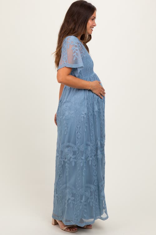 Pinkblush Smocked Top Lace Maxi Dress In Blue