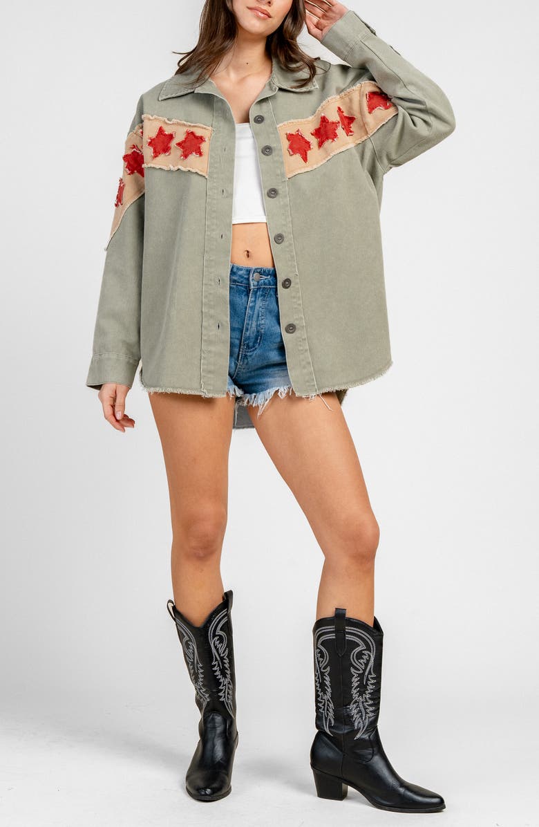 Beivy Denim Star Patch Shirt Jacket, Alternate, color, Green Combo
