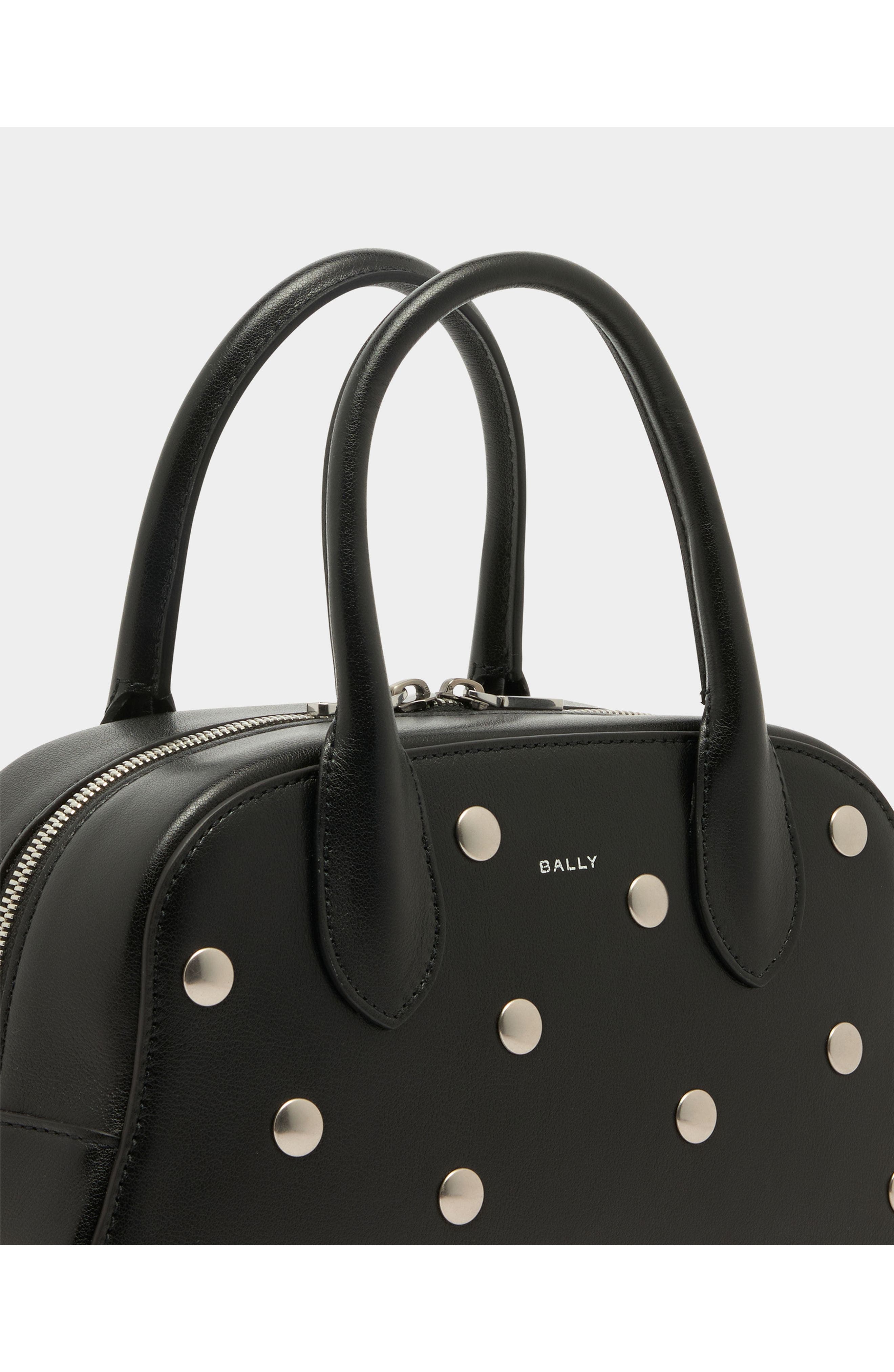 Bally Unda Top Handle Bag in Grained Calf Leather, Alternate, color, Black+Palladio