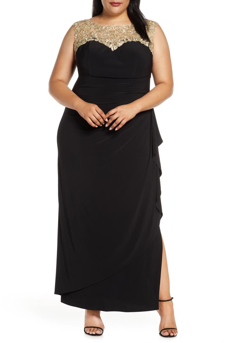 Embroidered Side Ruched Gown, Main, color, BLACK GOLD