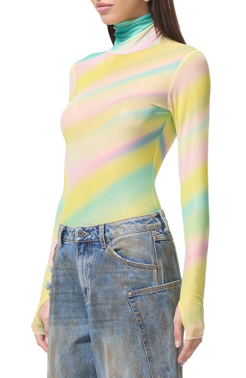 Shop Afrm Zadie Print Turtleneck Mesh Top In Rainbow Stripe
