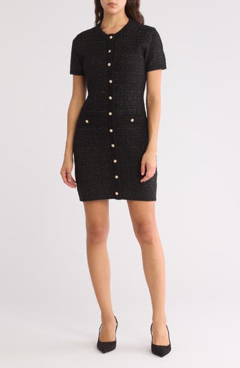Mila Mae Short Sleeve Bouclé Minidress In Black