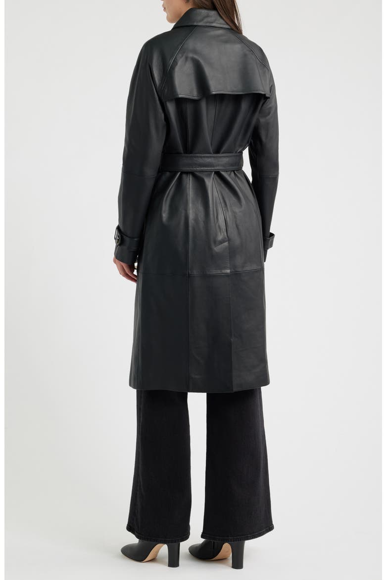 Double Breasted Leather Trench Coat, Alternate, color, BLACK