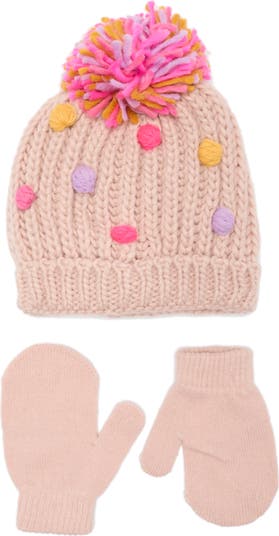Pompom Knit Cap & Mittens Set