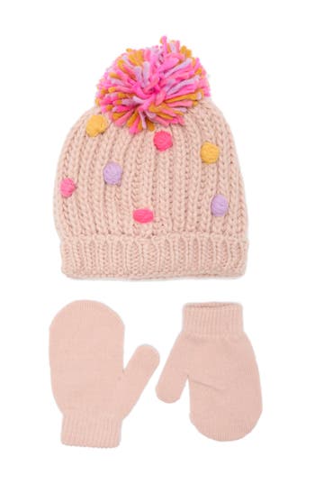 Capelli New York Pompom Knit Cap & Mittens Set In Pink Combo