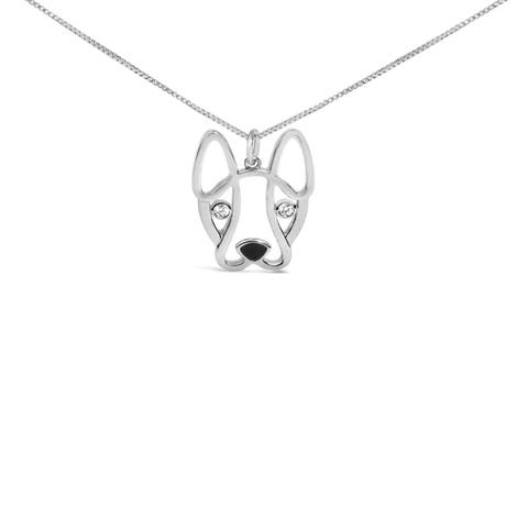 Silver Diamond Accent and Black Enamel French Bullldog Pendant Necklace inch