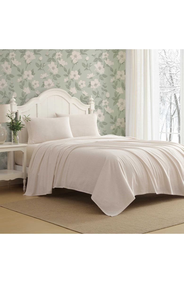 Laura Ashley Oxfordshire Stripe Cotton Flannel Sheet Set, Alternate, color, Light Beige