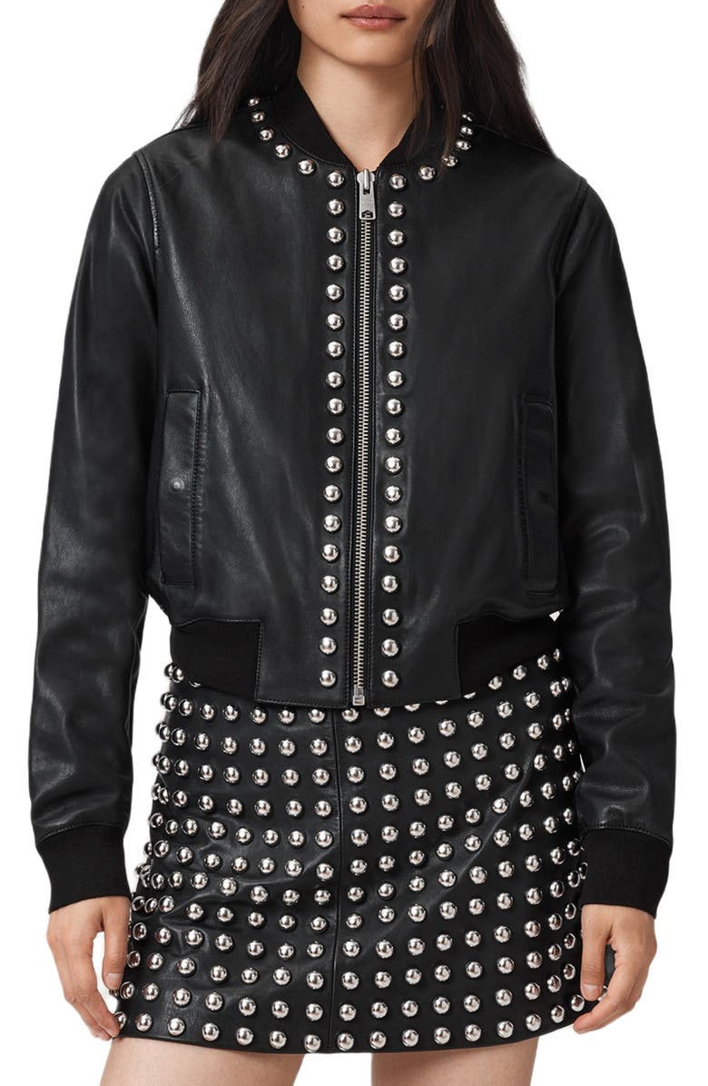 AllSaints Orten Wilder Studded Leather Bomber Jacket, Alternate, color, Black