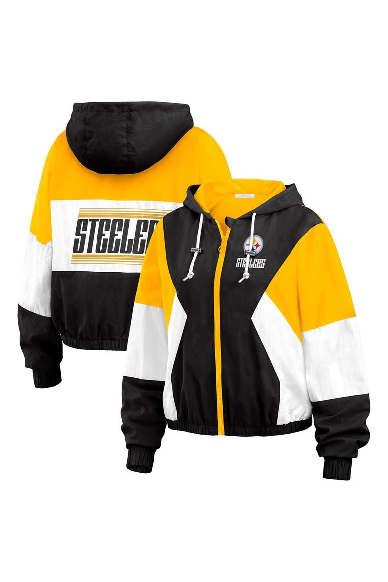 Women's WEAR by Erin Andrews  Black Pittsburgh Steelers Color Block Full-Zip Windbreaker Jacket, Main, color, Black