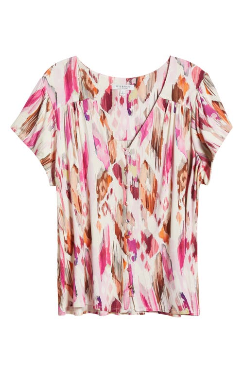 Liverpool Los Angeles Flutter Sleeve Knit Button-up Shirt In Pink Printed Ikat