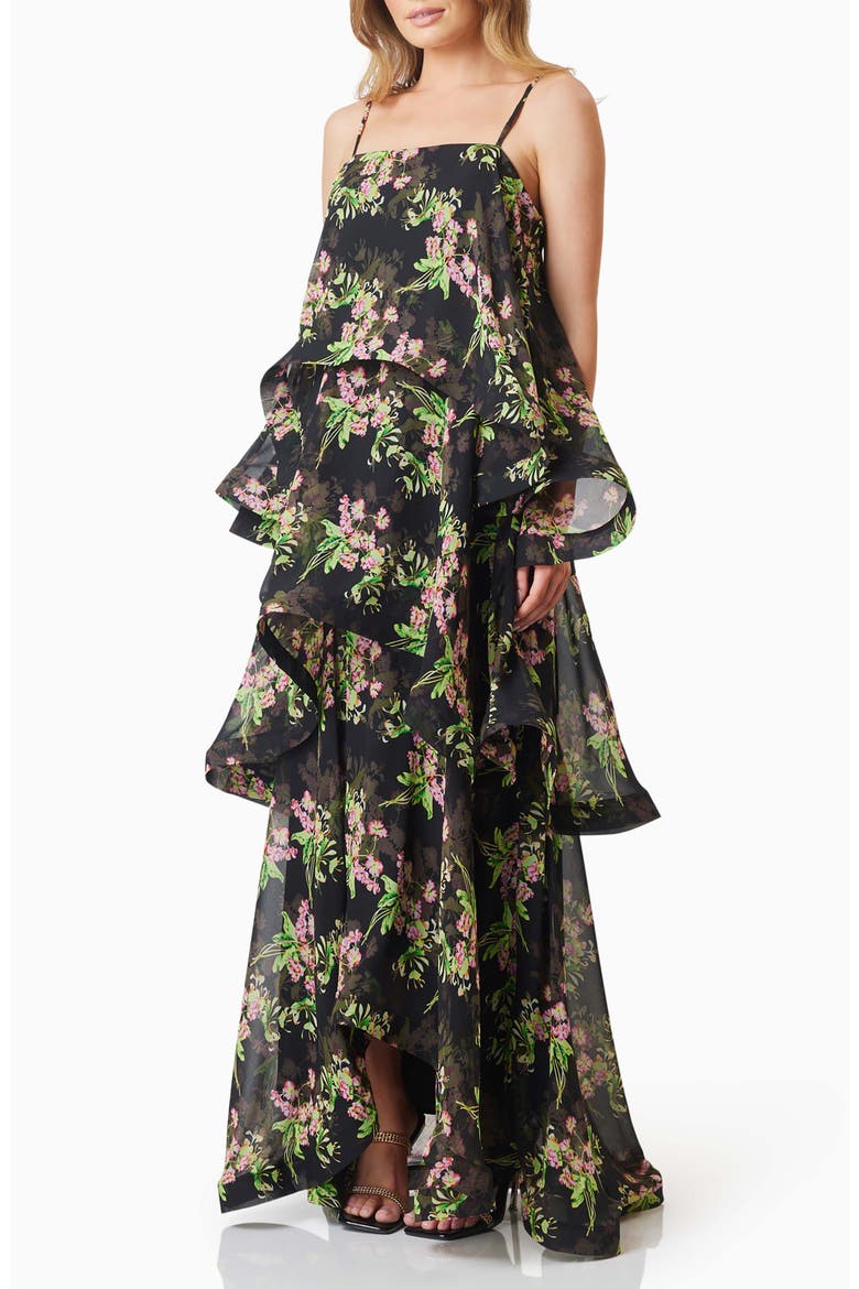 Ula Floral Tiered Georgette Gown, Alternate, color, BLACK MULTI