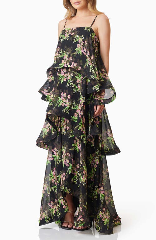Elliatt Ula Floral Tiered Georgette Gown In Black Multi