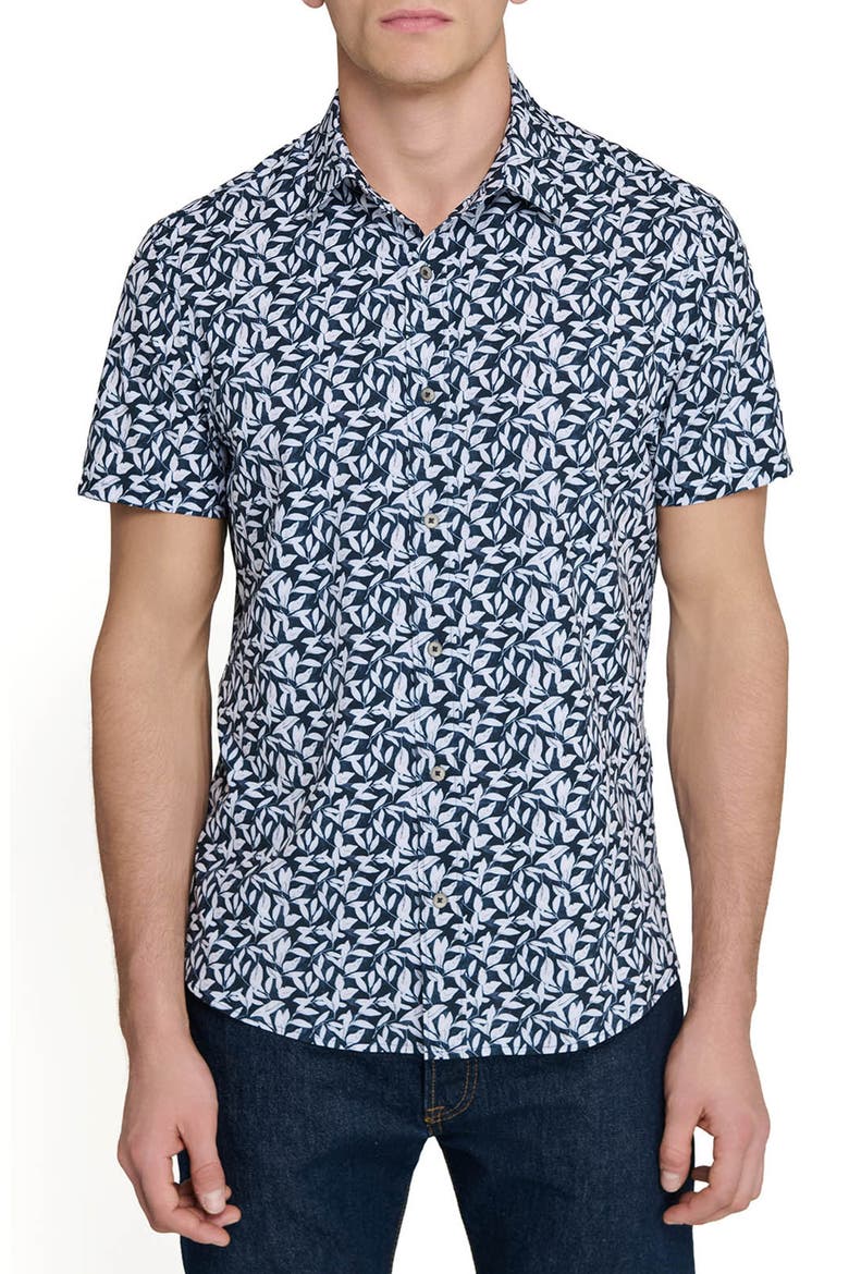 Leaf Print Short Sleeve Performance Button-Up Shirt, Main, color, NAVY
