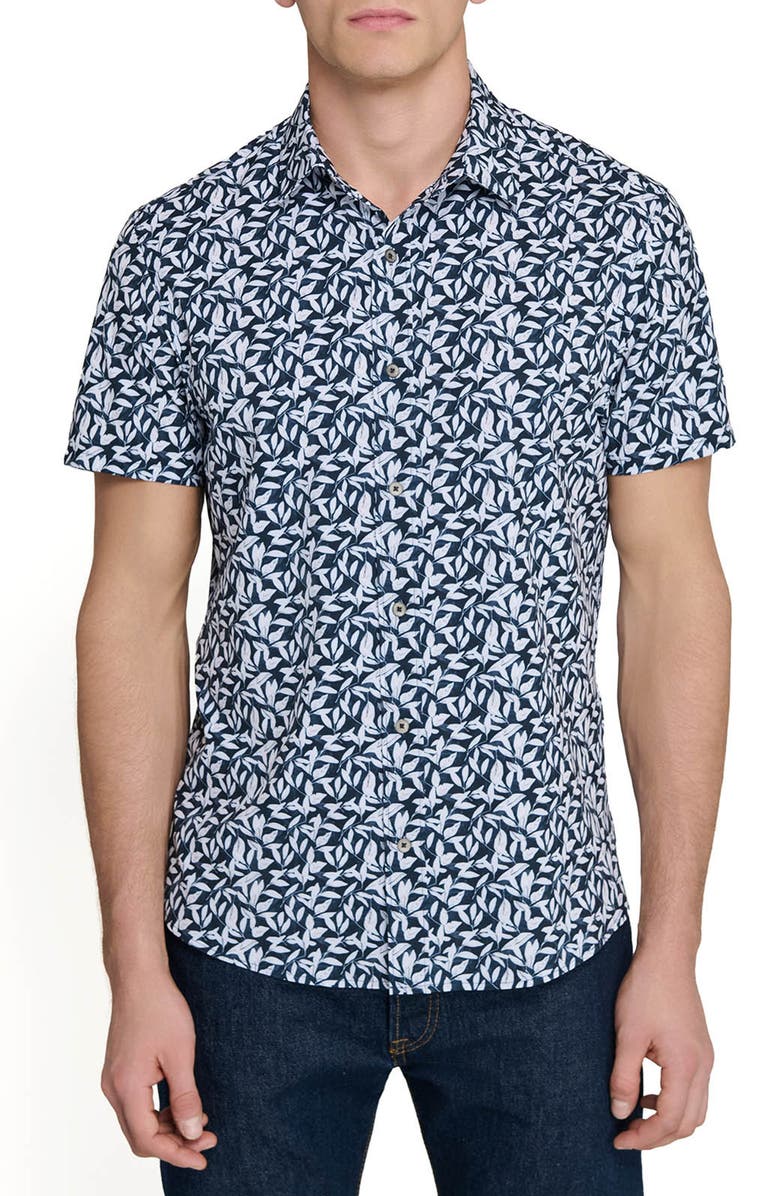 W.R.K Leaf Print Short Sleeve Performance Button-Up Shirt, Main, color, Navy