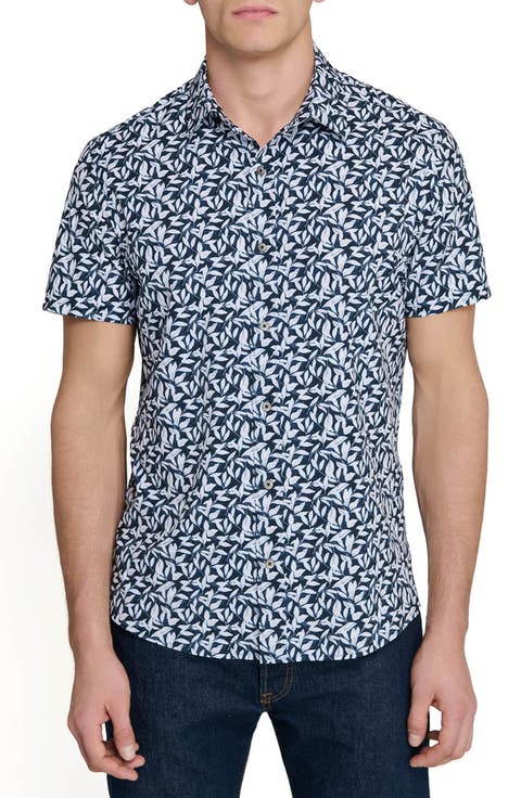 Leaf Print Short Sleeve Performance Button-Up Shirt