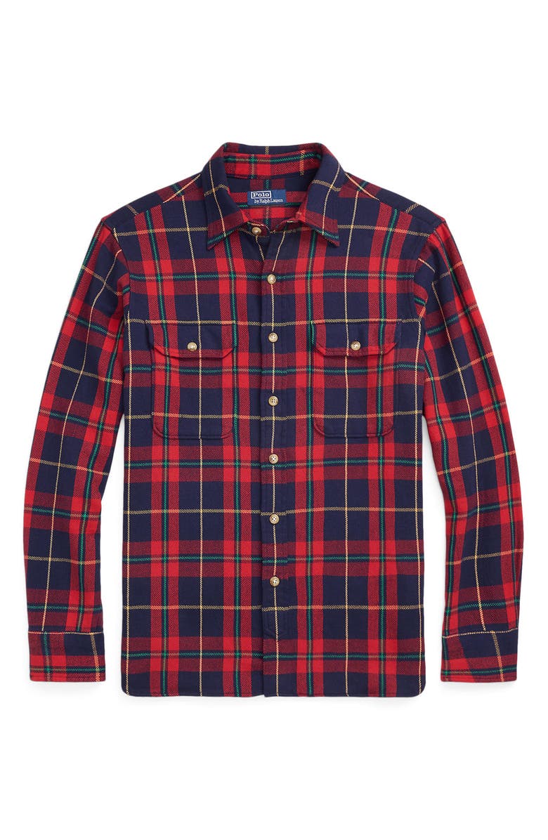 Polo Ralph Lauren Plaid Flannel Elbow Patch Button-Up Overshirt, Alternate, color, 
