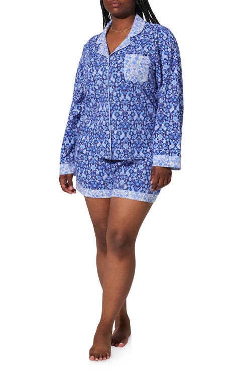 Print Long Sleeve Stretch Organic Cotton Jersey Short Pajamas (Regular & Plus)