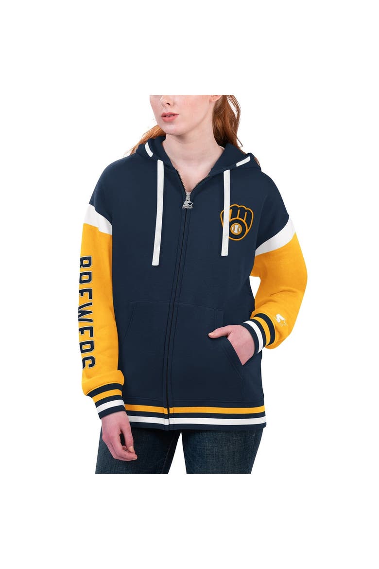 Women's Starter Navy Milwaukee Brewers Homestretch Full-Zip Hoodie, Alternate, color, Navy
