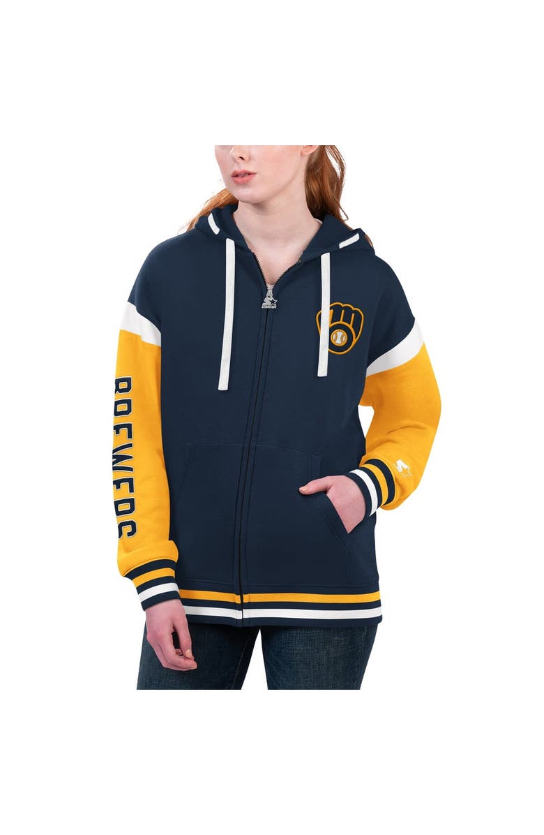 STARTER Women's Starter Navy Milwaukee Brewers Homestretch Full-Zip Hoodie, Alternate, color, Navy
