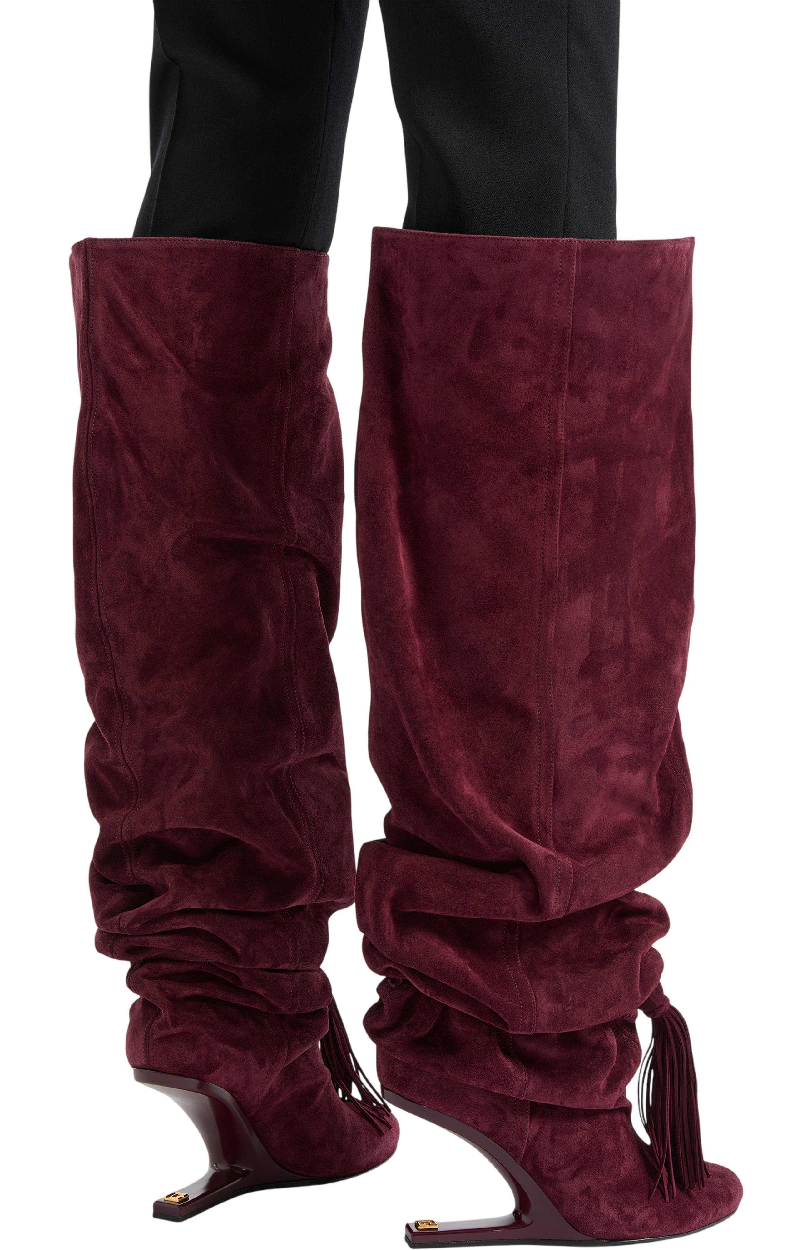 Balmain No Wedge suede leather thigh-high boots with tassel, Alternate, color, Red