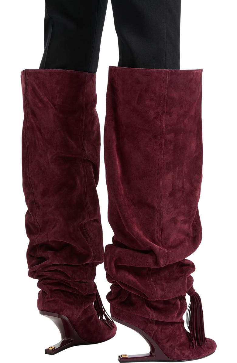 Balmain No Wedge suede leather thigh-high boots with tassel, Alternate, color, Red