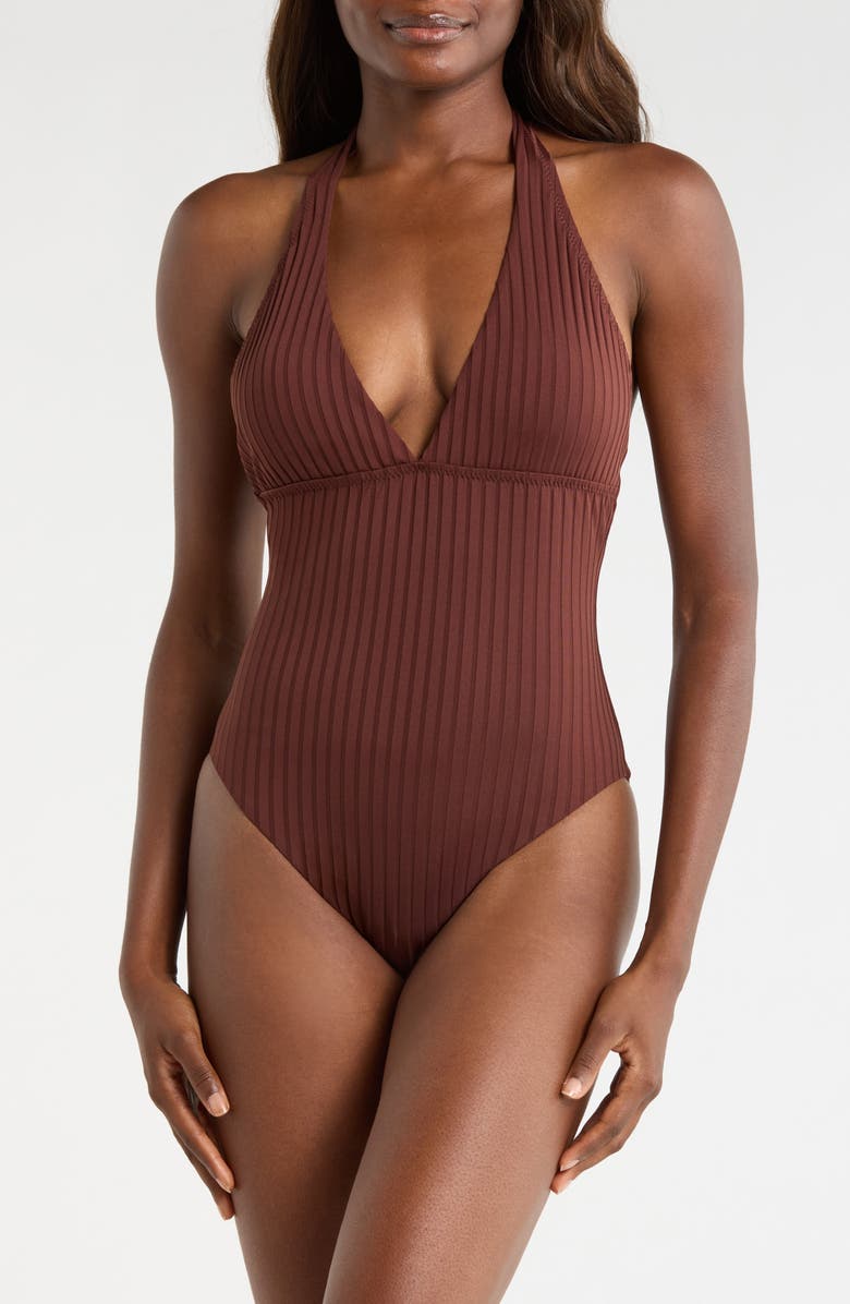 Sanctuary Halter Rib One-Piece Swimsuit, Main, color, Espresso