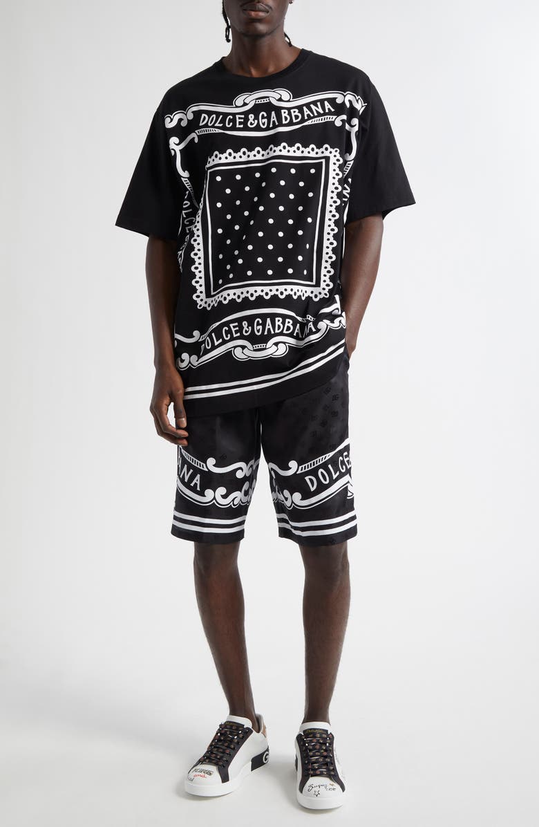 Dolce&Gabbana Logo Jacquard Bandana Print Silk Shorts, Alternate, color, N0000 Nero