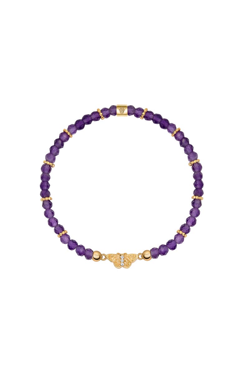 Karma and Luck Amethyst Butterfly Charm Gold Plated Beaded Bracelet Spiritual Transformation, Main, color, Purple/Gold
