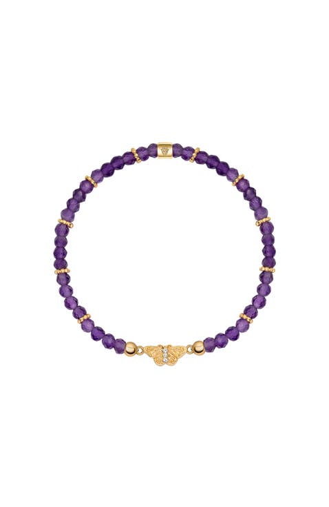 Amethyst Butterfly Charm Gold Plated Beaded Bracelet Spiritual Transformation