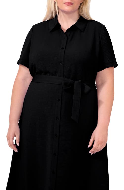 Shop Cece Belted Crinkle Midi Shirtdress In Rich Black