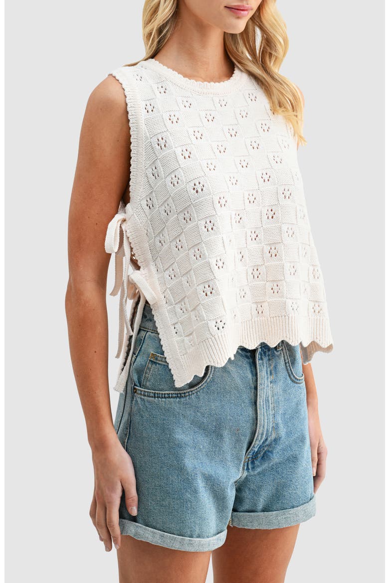 Side Tie Check Stitch Cotton Blend Sweater Vest, Alternate, color, CREAM
