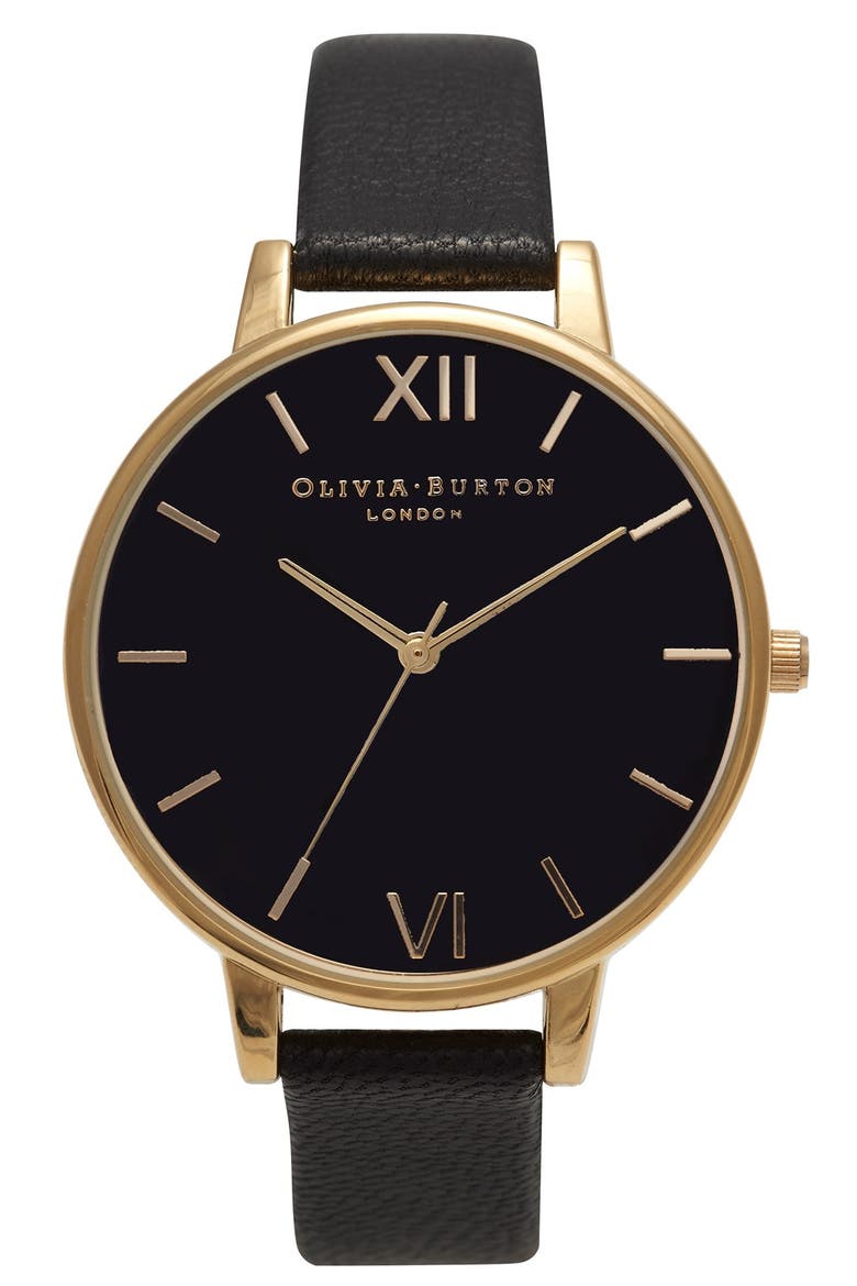 Big Dial Leather Strap Watch, 38mm, Main, color, BLACK/ BLACK/ GOLD