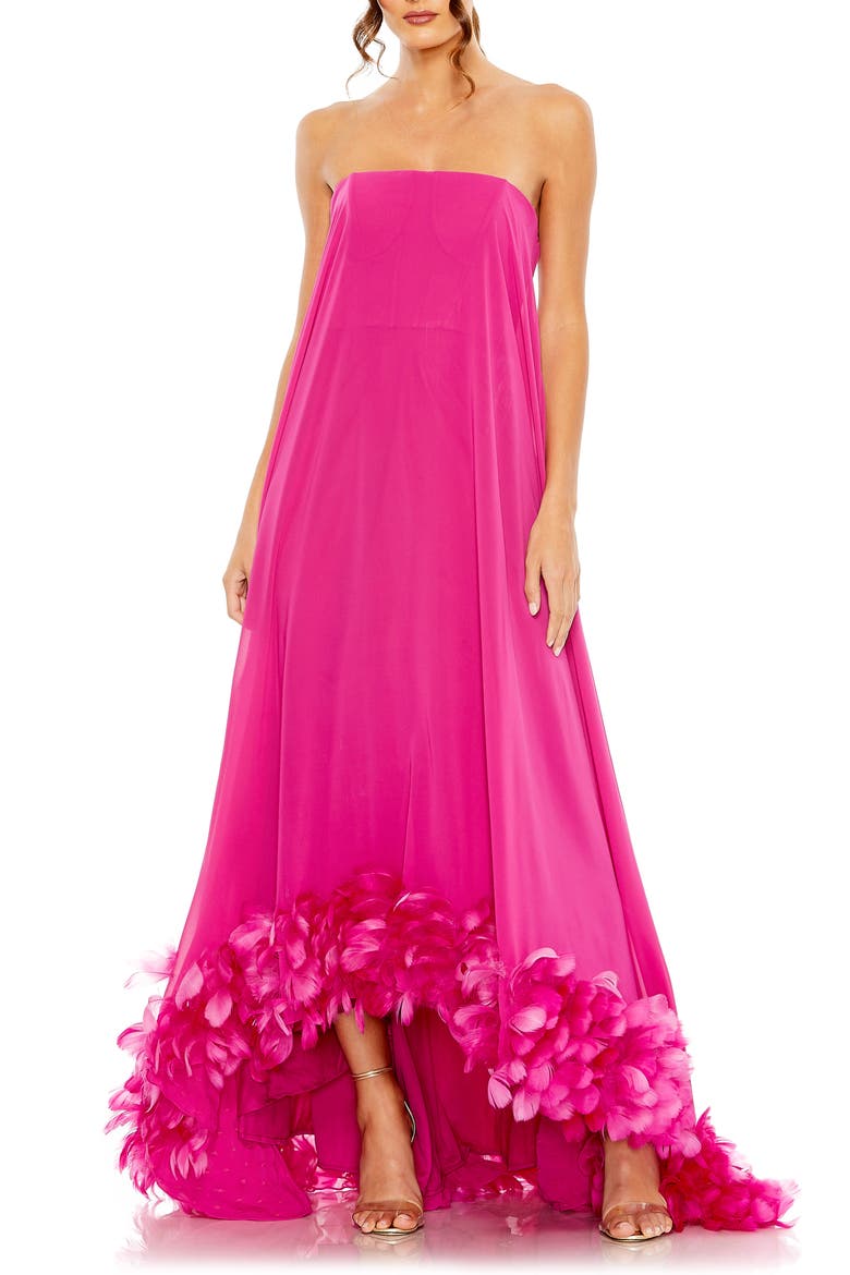 Women's Chiffon Strapless High Low Feather Hem Gown, Main, color, FUCHSIA