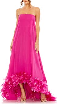 Mac Duggal Women's Chiffon Strapless High Low Feather Hem Gown