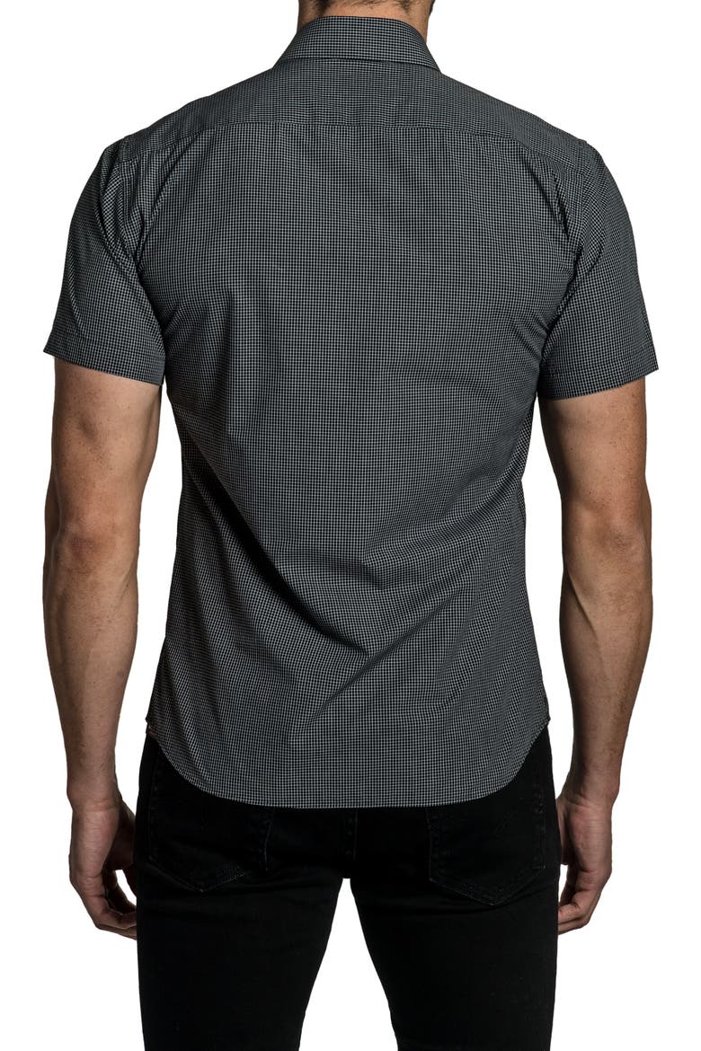 Trim Fit Grid Print Short Sleeve Cotton Button-Up Shirt, Alternate, color, BLACK