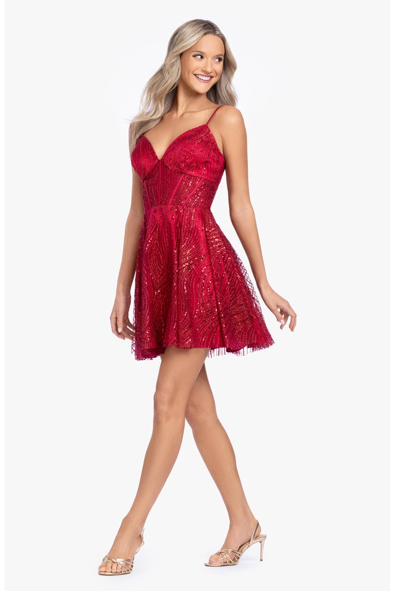 Sequin Sweetheart Neck Corset Fit & Flare Minidress, Alternate, color, RED